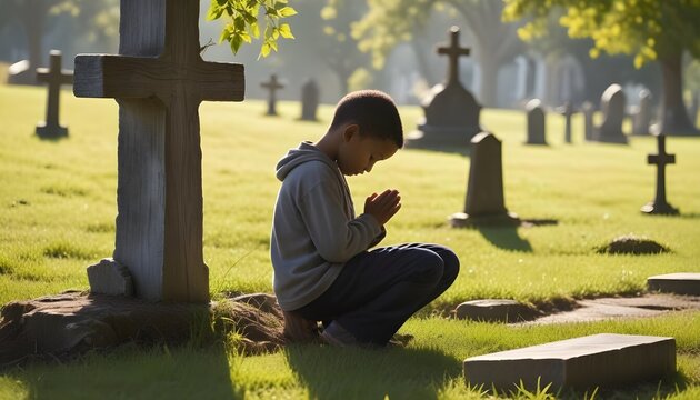 A young child kneeling by a gravestone highlighting the impact of losing a loved one so young in life.