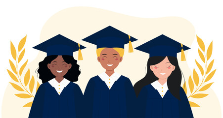 Group of students in graduation gown and cap. Graduates of different nationalities and races, symbolizing unity. Vector illustration. 