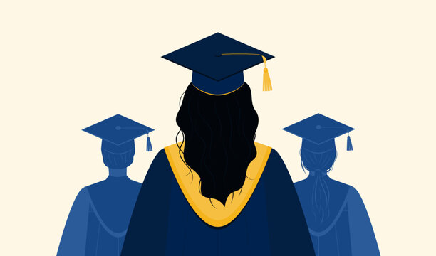 Female graduate with long hair in blue academic gown and graduation cap view from the back. Group of Graduates silhouette. Graduation ceremony. Vector illustration. 