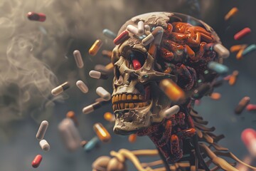 Futuristic Digital Art of a Human Skull with Floating Pills and Smoke in Background