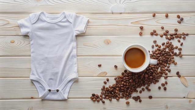 Adorable baby onesie with humorous brewing message, paired with coffee mugs, spilled coffee beans, and ample copy space on white background.