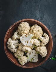 Cauliflower in a bowl on a black background, top view, copy space