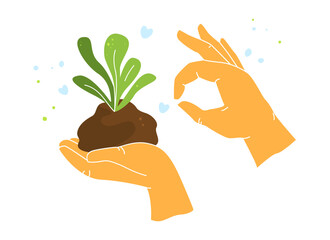 Human hand holds small green tree. Green energy and sustainable lifestyle concept.. Plant care, hands in yellow gloves. Floristry and gardening. Plant and transplant seedlings. Ecology, environment co