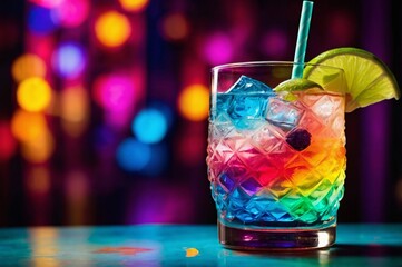 Colorful rainbow gradient cocktail in glass with ice and lime on bar counter