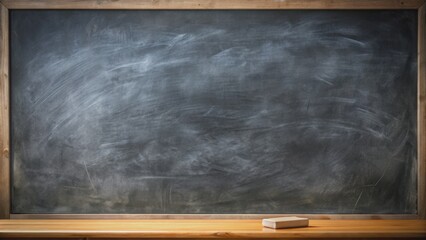 A dimly lit blackboard with abstract, partially erased chalk marks forming a textured background for adding educational content.