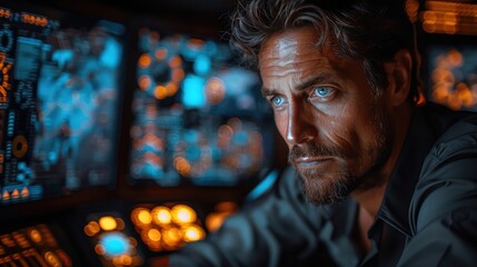 Man with beard and blue eyes looks intently at a computer screen in a dark room.