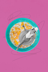 Composite collage image of young female swim pool milk bowl cornflakes breakfast summer vacation fantasy billboard comics zine minimal