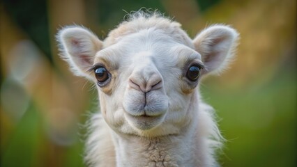 Obraz premium Adorable white camel calf's soulful eyes and gentle features showcased in a stunning close-up portrait set against natural backdrop.