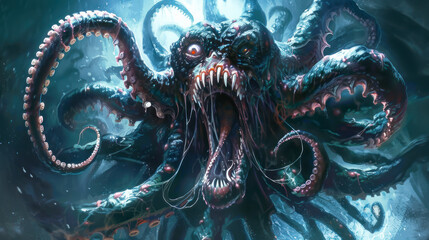 Obraz premium Hellish monster with tentacles and wide open toothed mouth: schizophrenia, bad dream, psychedelic trip
