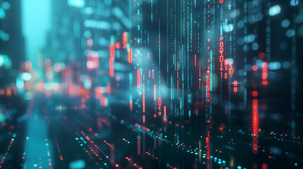 Digital background featuring digital code and binary numbers, with an urban night scene. Abstract technology wallpaper