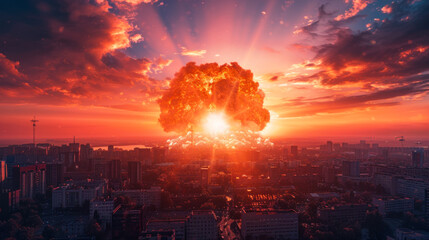 Fototapeta premium Thermonuclear, hydrogen bomb explosion over a city, doomsday, end of world