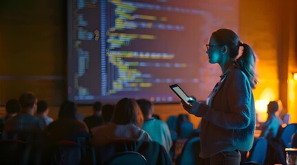 Young University Professor Explaining a Web Development Project to a Group of Students in a Dark Auditorium