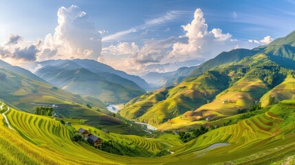 Obraz premium Rolling green rice terraces stretch across the hills, with a small house perched on a hillside in the background. A soft, golden sunset casts a warm glow over the landscape