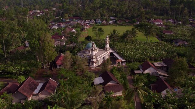 Aerial view of lush village with mosque, palm trees, and forest, Malang, East Java, Indonesia.