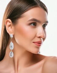 Fototapeta premium Close up of brunette beautiful woman wearing shiny diamond earrings on white