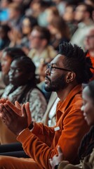 Abstract Speaker Performing on Stage, Engaging with Event Professionals. Business People or Students in Lecture Hall, Multicultural Audience in Amphitheater, Participating in Group Discussions and App
