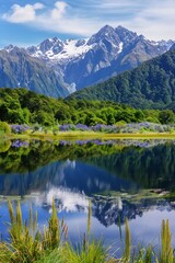 Fototapeta premium Majestic peaks and serene reflections: New Zealand's untouched wildlife