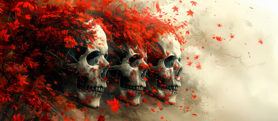 Human skull with flowers - vanitas, symbol of time passing