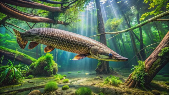 Majestic arapaima fish swims in murky Amazon river waters surrounded by lush green aquatic plants and fallen tree logs.