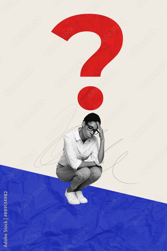 Sticker Creative trend collage of confused young female office worker question mark search answer solve problem unusual fantasy billboard comics