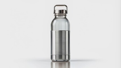 Isolated stainless steel water bottle on white background with transparent label for customization and advertising designs.