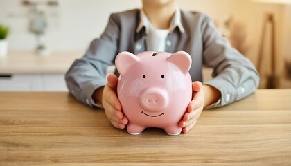  child with pink piggy bank on wooden desk, in bright room. saving money, copy space