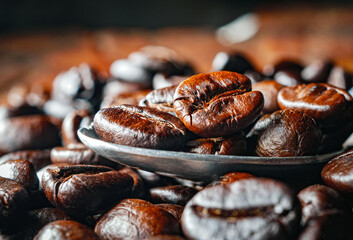Roasted coffee bean on a stainless steel spoon, Close-up of fresh roasted coffee bean, Wallpapers of  roasted coffee bean, macro