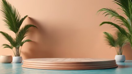 Obraz premium 3d podium stand for product presentation with summer concept. Pedestal platform. Minimal summer vacation.