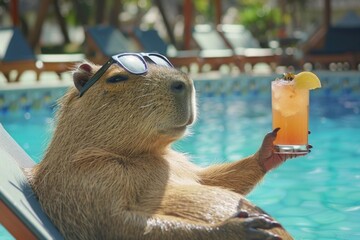 A capybara wearing sunglasses resting beside a swimming pool of a luxury resort, holding a cocktail