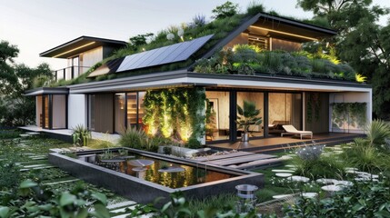 A modern eco-friendly house with a living roof, solar panels, and a garden designed with native plants and a small pond