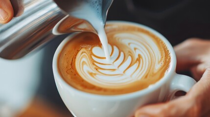 A barista pours steamed milk into a coffee cup, displaying intricate latte art pattern, showcasing their skill in a warm and inviting cafe environment, focusing on the details.