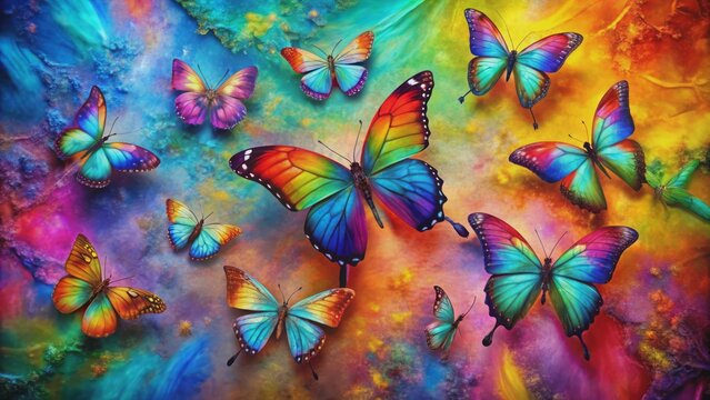 Vibrant morpho butterflies with iridescent wings in mesmerizing rainbow hues flutter against a textured, gradient-colored background.