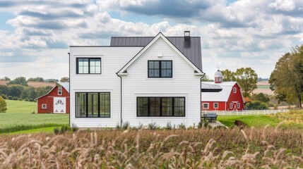 A modern farmhouse with a white exterior, black-framed windows, and a red barn in the background surrounded by open fields