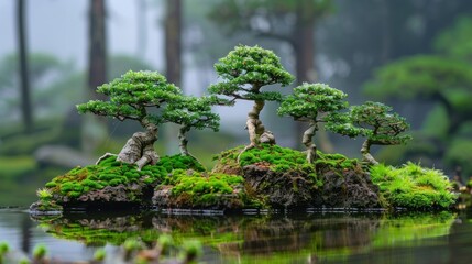 Portrait of Bonsai Trees Adorned with Moss. generative AI image