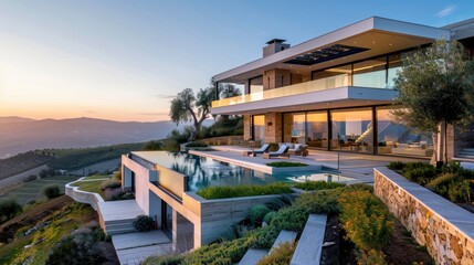Obraz premium A modern hilltop villa with cascading terraces, an infinity pool, and panoramic views of the surrounding countryside