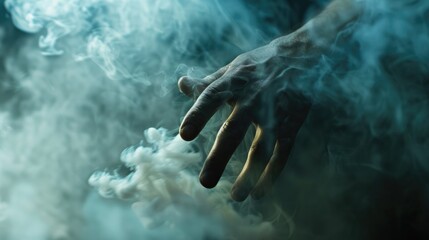 A hand extends from a thick cloud of smoke, suggesting concealment or mystery