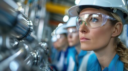 Engineers wearing safety gear and helmets are carefully examining complex machinery in an industrial facility, ensuring seamless operations and safety protocols.