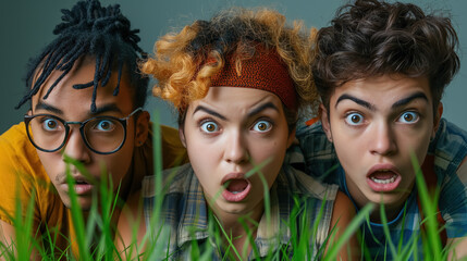 Obraz premium Three surprised friends with wide eyes, peering through tall grass, conveying a sense of discovery and excitement.