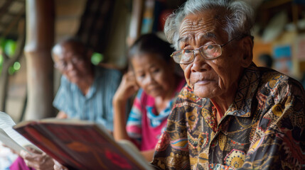 Obraz premium Elderly man reading a book, wearing glasses, with family members in the background, creating a warm and intimate scene.