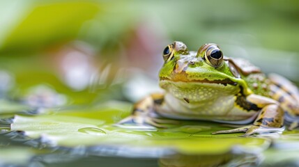 Obraz premium A green frog sits comfortably on a lily pad in a peaceful pond, capturing the minimalist beauty and tranquility of its natural habitat, surrounded by clear water and greenery.