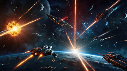 Epic space battle with starships and laser beams. generative ai	
