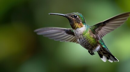 Fototapeta premium This image captures a beautiful hummingbird in mid-flight with its wings outstretched, showcasing the iridescent feathers and natural background in stunning detail.