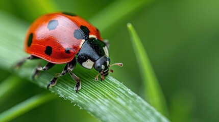 Fototapeta premium In this detailed image, a ladybug is seen climbing a green blade of grass, showcasing its vibrant red body and black spots in a close-up perspective against a green backdrop.