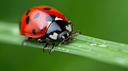 Obraz premium A vibrant ladybug with distinct black spots is perched carefully on a green blade of grass, highlighting its delicate features against the lush, natural background.