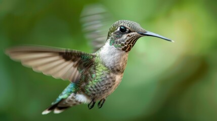 Fototapeta premium An elegant hummingbird gracefully flies, its wings delicately fluttering, captured in a tranquil green scenery with exquisite clarity and artistic beauty.