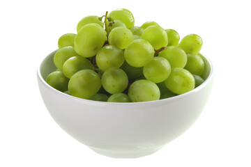 White bowl of green grapes isolated on transparent background