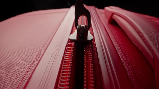 Zipper on suitcase. Zipping closing red travel luggage. Unrecognizable fingers pull zipper tab. Getting ready for road trip. Business trip zipping luggage. Close-up in 4K, UHD