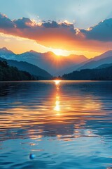 Fototapeta premium Stunning Sunset Over Serene Mountain Lake with Reflective Water and Dramatic Clouds