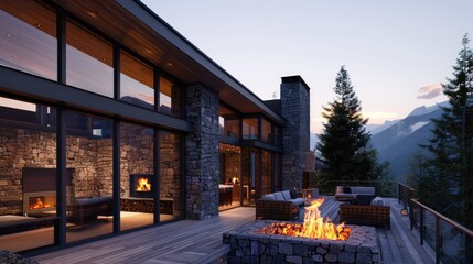 A modern mountain retreat with large stone walls, floor-to-ceiling windows, and a spacious deck with a fire pit and panoramic views