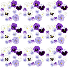 紫・白のパンジーとビオラのシームレスパターン　手描き水彩イラストの花柄
